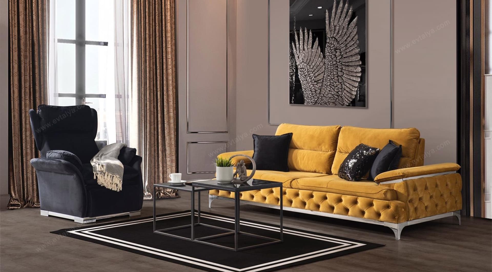 Elit Antrasit Sarı Chester Koltuk Takımı - Image 1