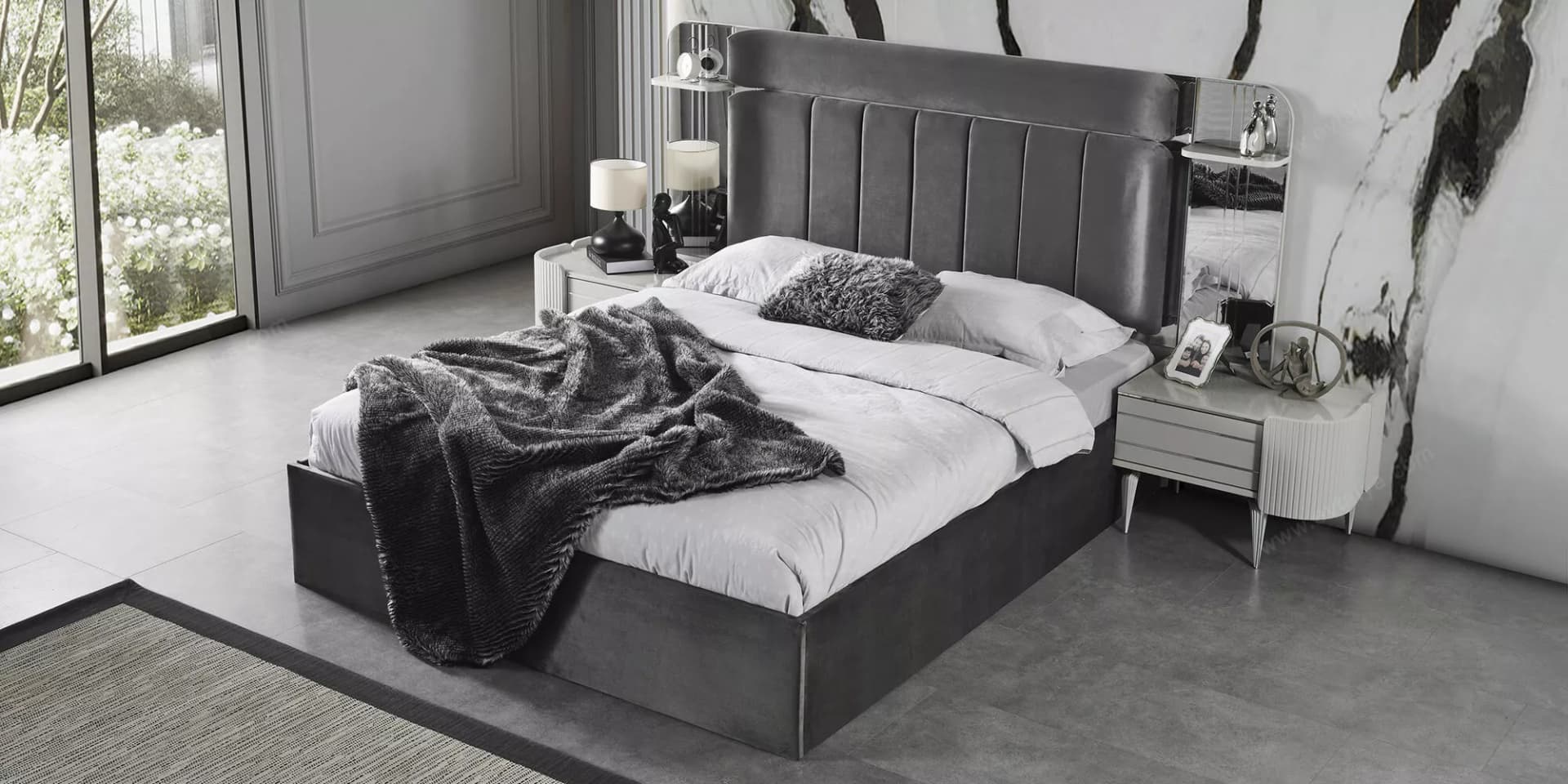 Karya Luxury Sis Gri Bazalı Karyola - Image 1