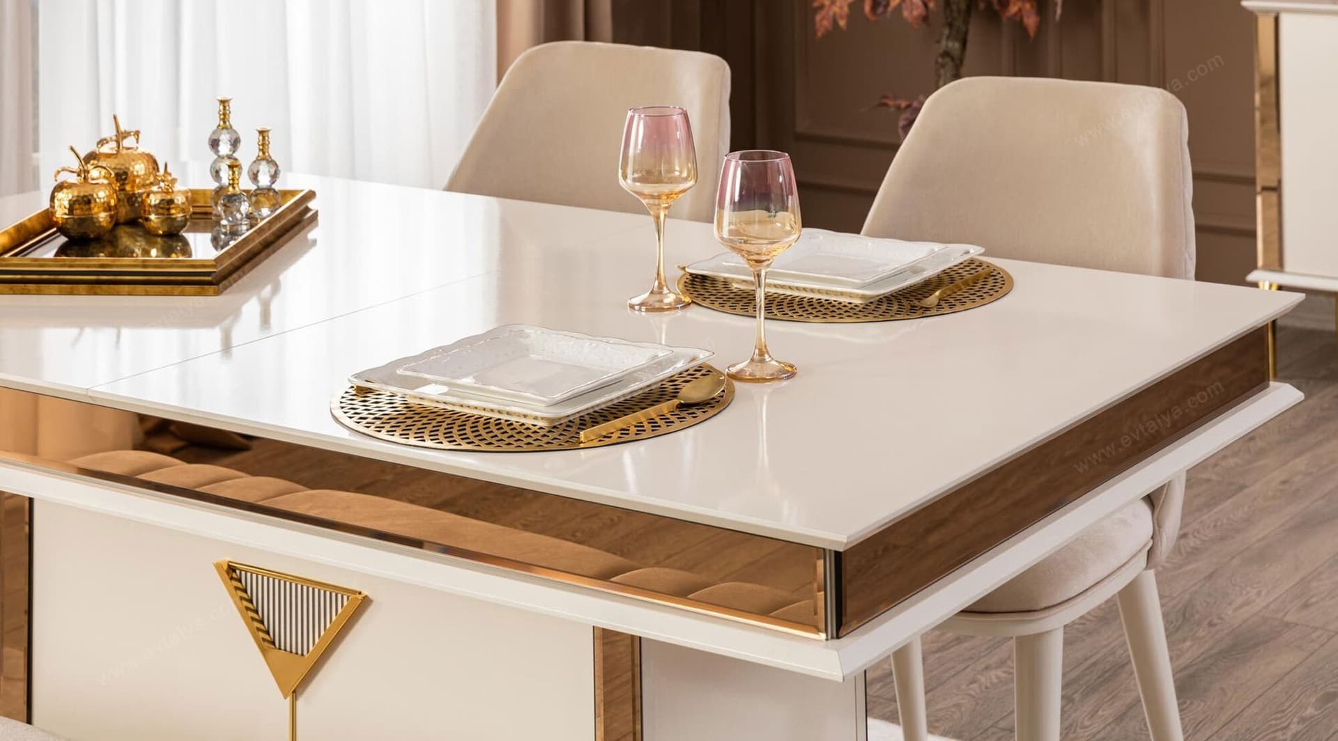 Kontes Gold Beyaz Yemek Odası Takımı 5